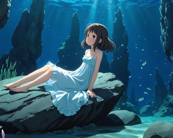 Underwater Scene with Girl in Light Blue Dress
