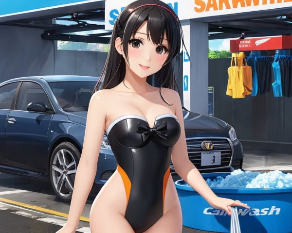 Young woman in black and orange swimsuit at car wash