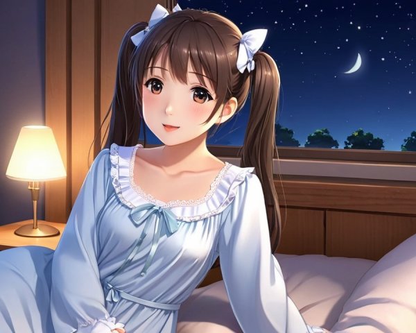 Cozy bedroom scene with a woman in a nightgown
