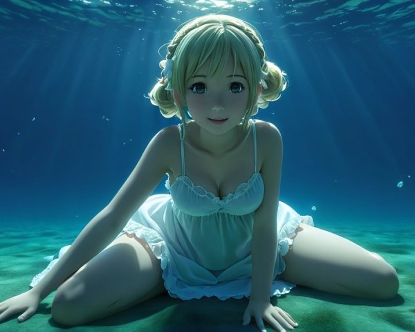 Young Woman in White Dress on Ocean Floor