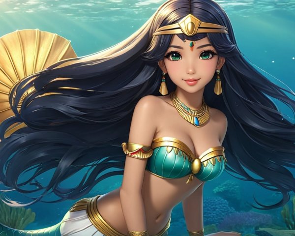 Mermaid with Black Hair in Vibrant Underwater Scene