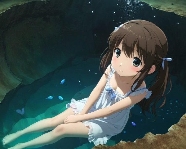 Young Girl in Sunlit Water Hole Surrounded by Nature