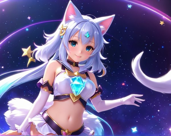 Magical Character with Cat Ears Against Cosmic Background