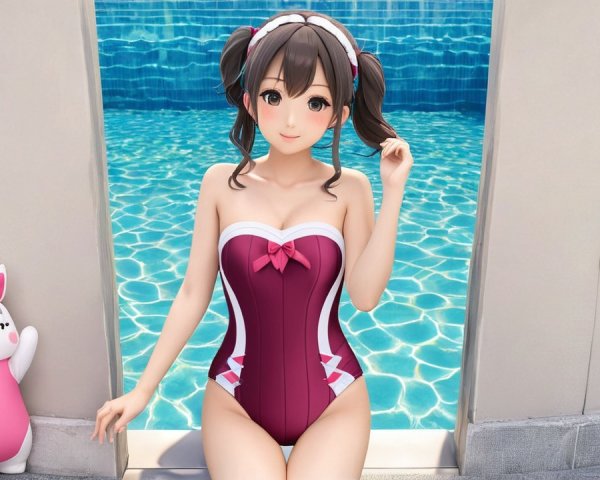 Cheerful anime character by bright blue pool in swimsuit