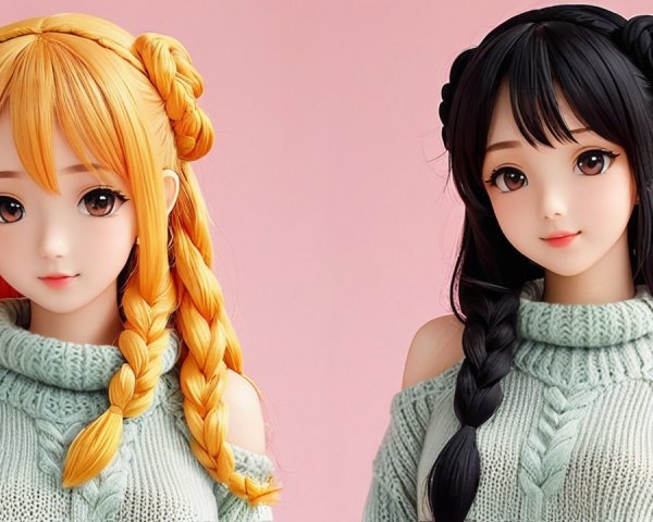 Stylized dolls with unique hairstyles and sweaters