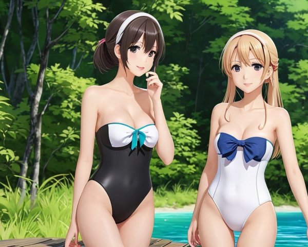Stylized Female Characters by a Serene Lake