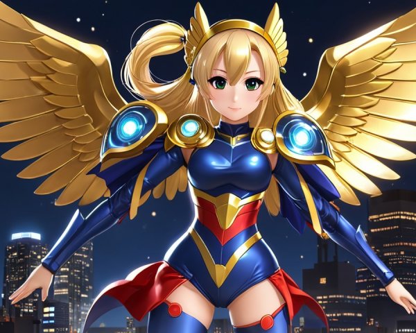 Heroic Character in Blue and Gold Armor at Night Skyline