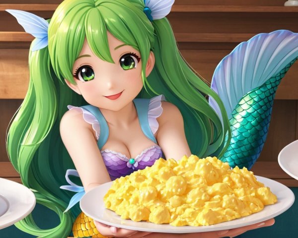 Cheerful mermaid with popcorn in cozy kitchen setting