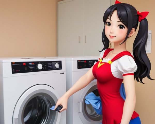 Animated Character in Red Dress in Laundry Room