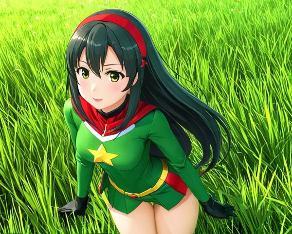 Anime character in green outfit in a lush field