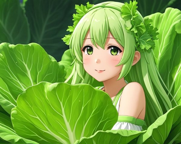 Cheerful Girl with Green Hair Among Cabbage Leaves