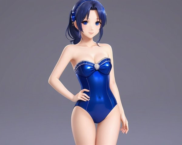 3D Character in Glossy Blue Swimsuit with Bow