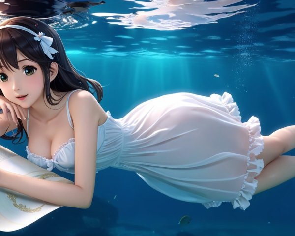 Underwater Scene with Girl in White Dress and Book