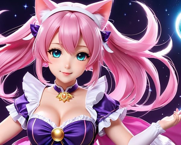 Vibrant Character with Pink Hair and Cosmic Background