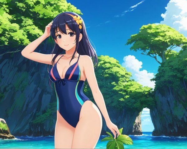 Cheerful woman in swimsuit on tropical beach scene