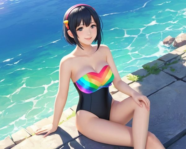 Cheerful character in rainbow swimsuit by seaside