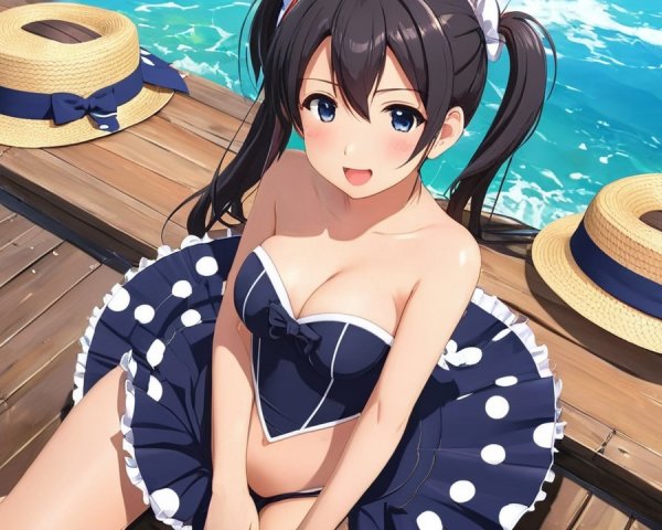Cheerful girl in polka dot swimsuit on wooden pier