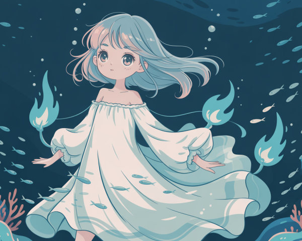 Anime girl with blue hair swimming underwater in dress