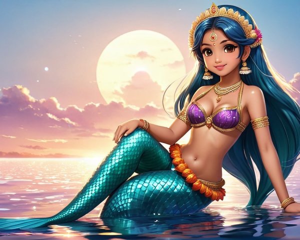 Animated Mermaid with Jewelry on Water's Surface