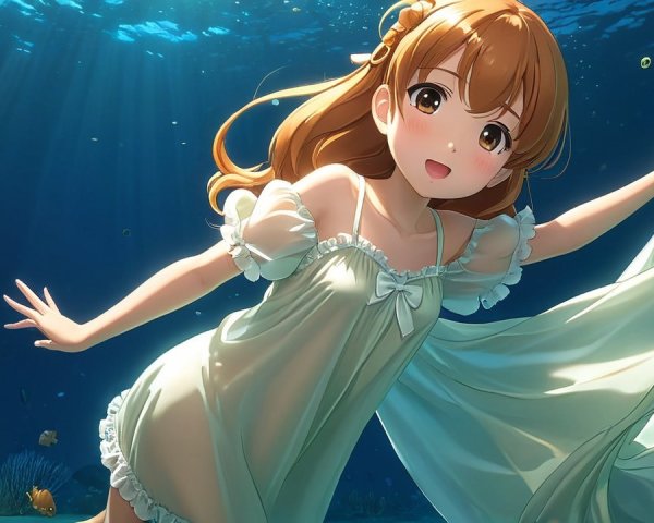 Cheerful girl swimming gracefully in light dress underwater