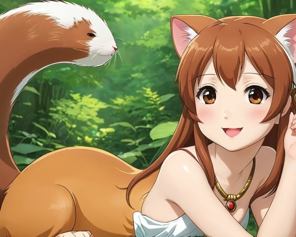 Cheerful girl with cat ears in a vibrant forest