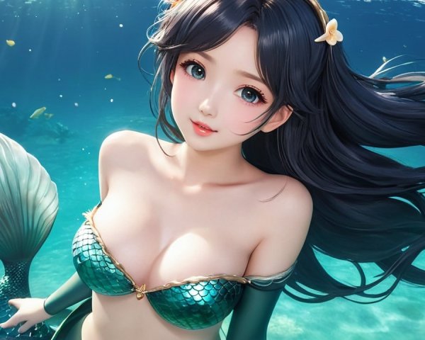 Mermaid with Black Hair in Vibrant Underwater Scene