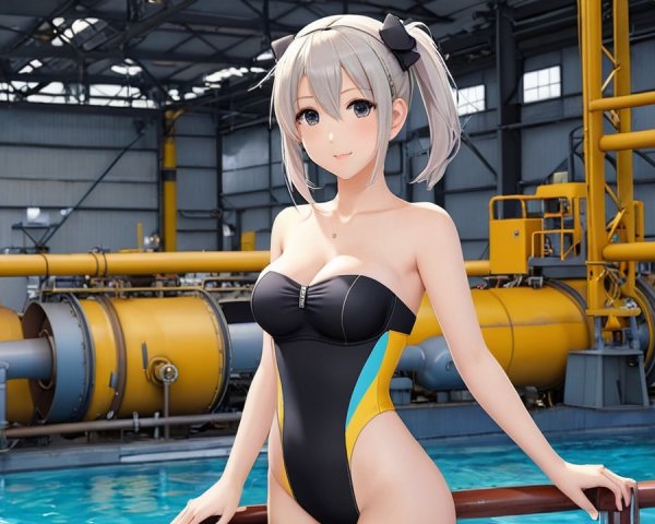Anime Character by Swimming Pool in Industrial Setting