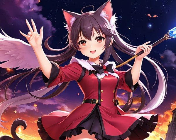 Playful Character in Red Dress with Glowing Staff