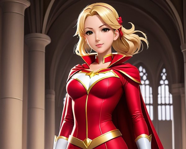 Confident Female Superhero in Grand Arched Space