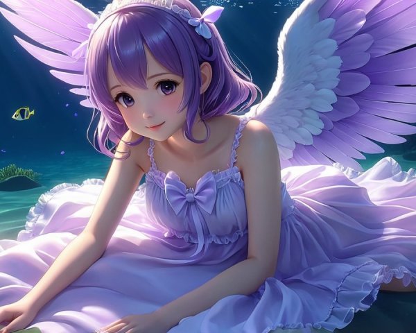 Underwater Scene of a Girl with Purple Wings