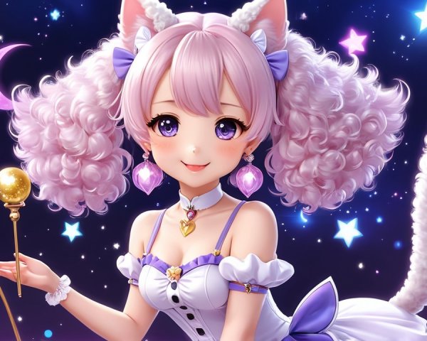 Whimsical Character with Pink Hair and Magical Staff