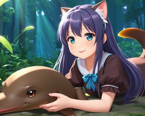 Girl with cat ears in a vibrant forest setting