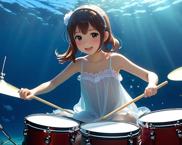 Anime girl drumming underwater with colorful fish nearby