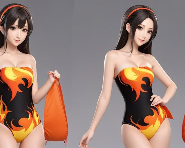 Stylized character in black swimsuit with orange flames