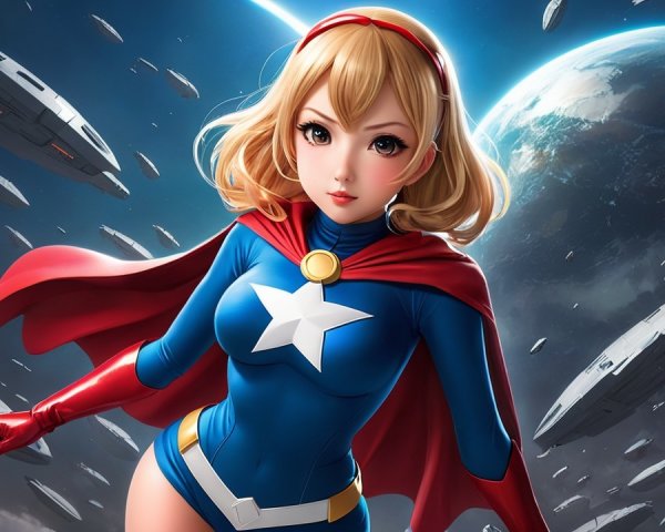 Superheroine in Blue Costume with Cosmic Background