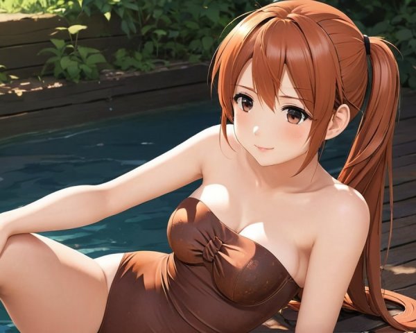 Young woman in brown swimsuit by tranquil poolside