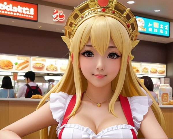 Cheerful Character in Maid Outfit at Food Court