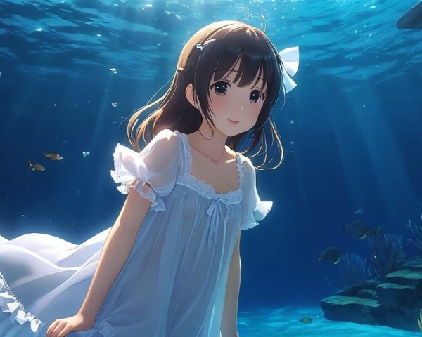 Girl in white dress swimming gracefully underwater