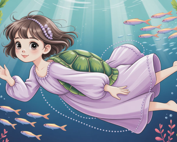 Cute Cartoon Girl Swimming in Underwater Scene