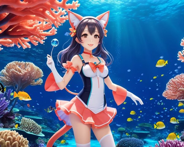 Whimsical Character Underwater with Coral and Fish