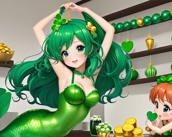 Cheerful Mermaid and Girl in Festive Green Decor
