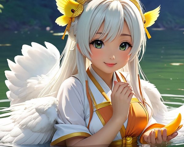 Mystical figure with white hair by serene green pond