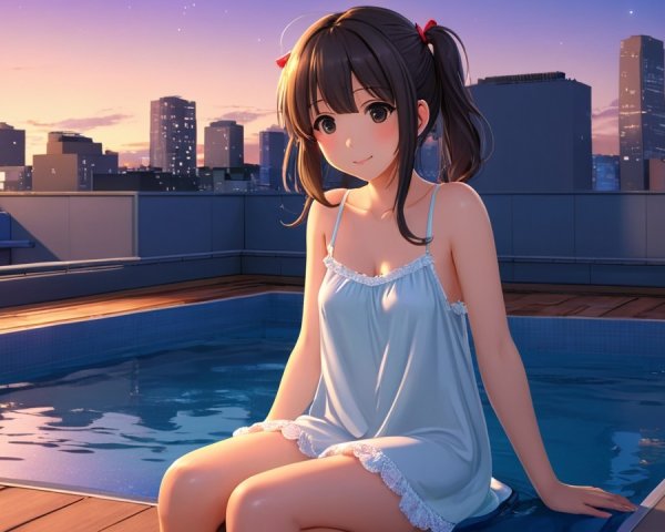 Serene Rooftop Scene with Young Girl at Twilight