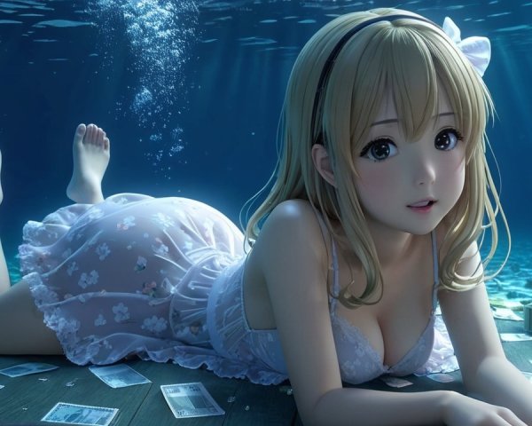 Underwater Scene with Woman in White Dress and Marine Life