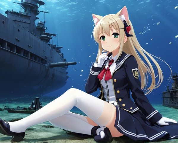 Anime Girl with Cat Ears on Ocean Floor Scene