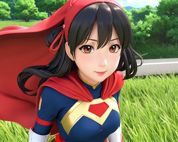 Young female superhero in colorful costume outdoors