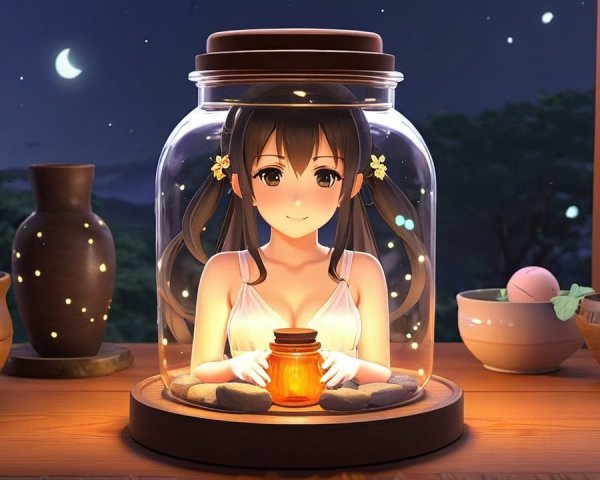 Enchanting Girl in Glass Jar Under Night Sky Glow