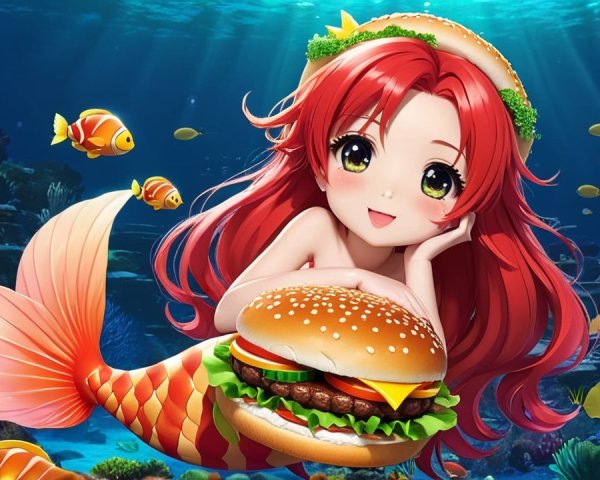 Cheerful mermaid with red hair in vibrant underwater scene