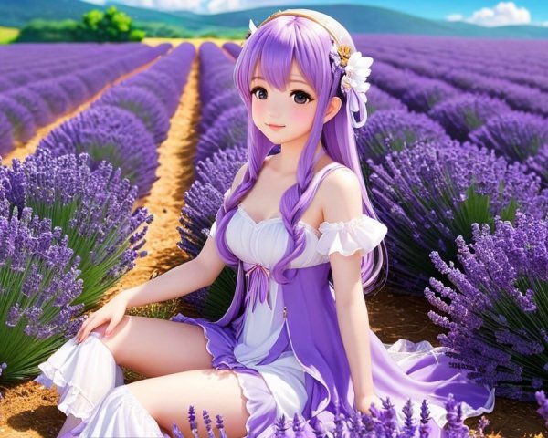 Lavender Fields with a Serene Girl in Floral Dress