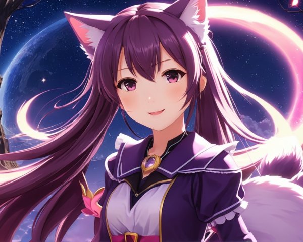 Mystical character with purple hair and cat ears